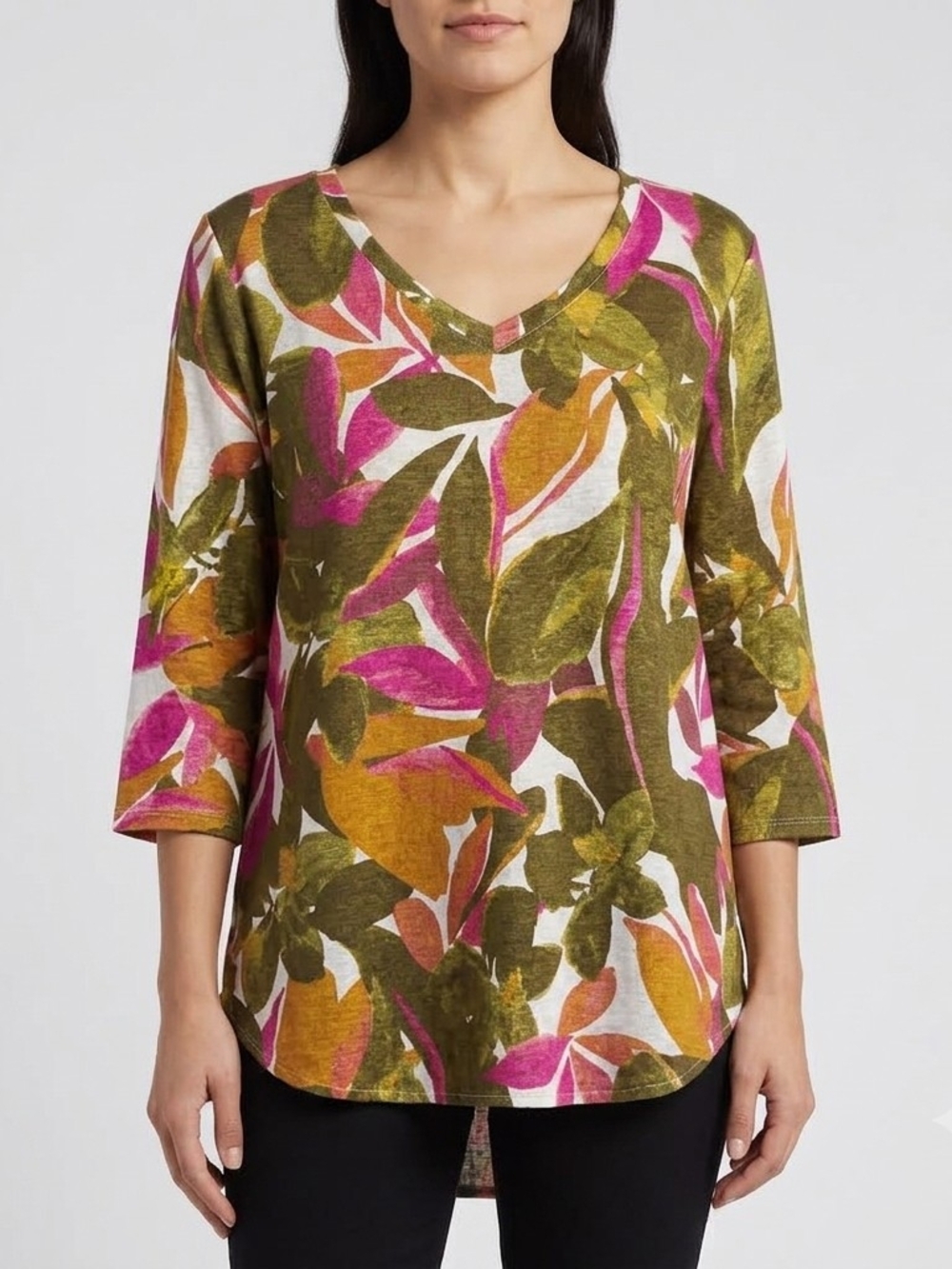 NWT Tahari 100% Linen Luxe Lin Floral Print V-Neck Top Tunic Olive Pink 1X